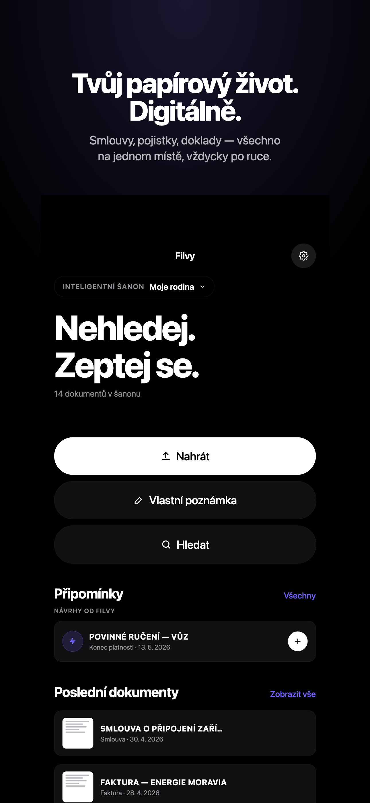 Domovská obrazovka Filvy — rodinný šanon Moje rodina s tlačítky Nahrát, Vlastní poznámka a Hledat.