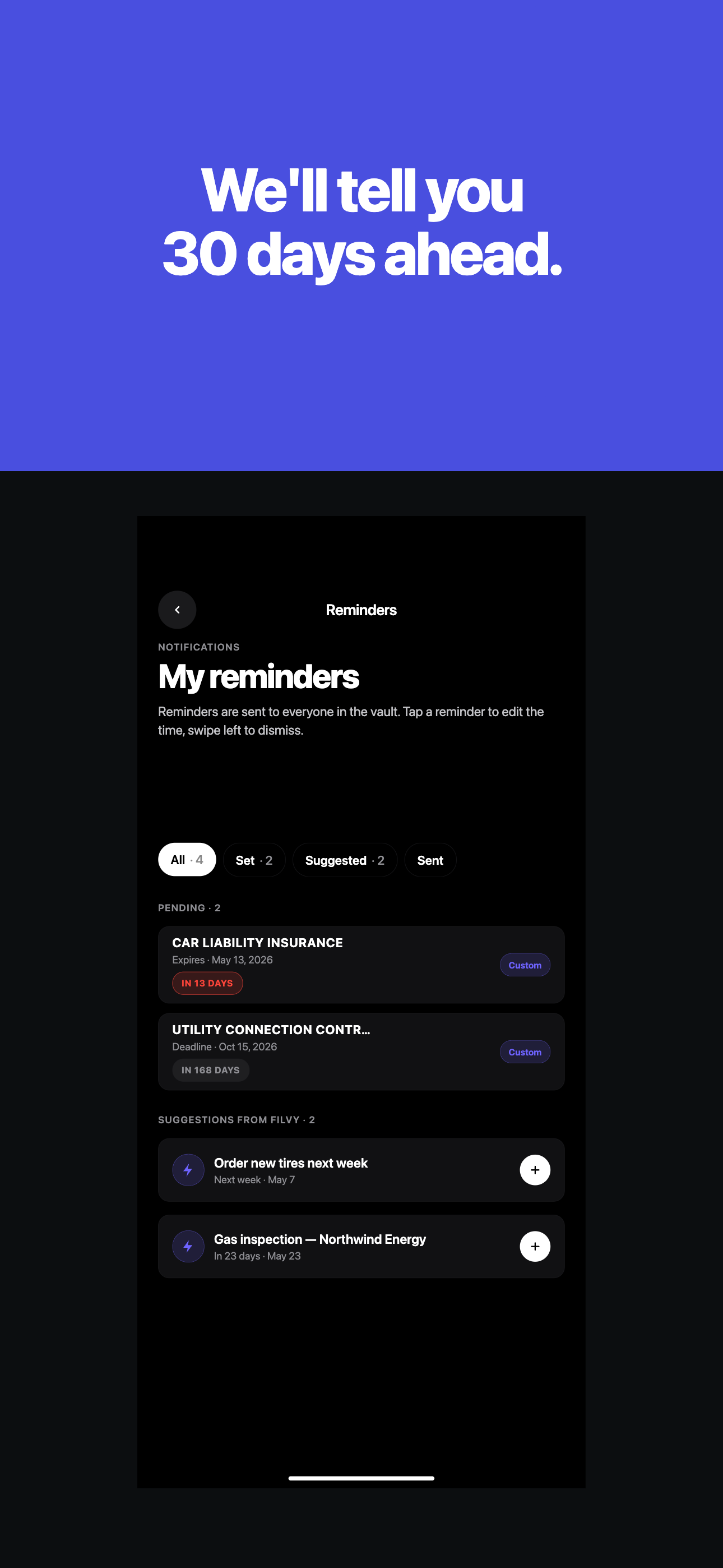Filvy watches contract, inspection and insurance renewals; reminds in time.
